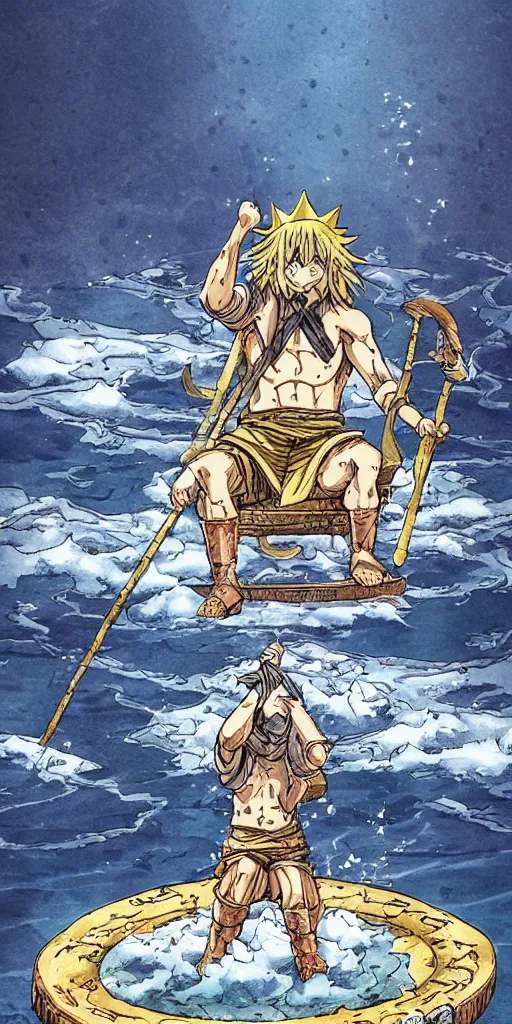 Image similar to a lone king sitting on a throne floating on water in the middle of a lake drawn by Makoto Yukimura in the style of Vinland saga anime, full color