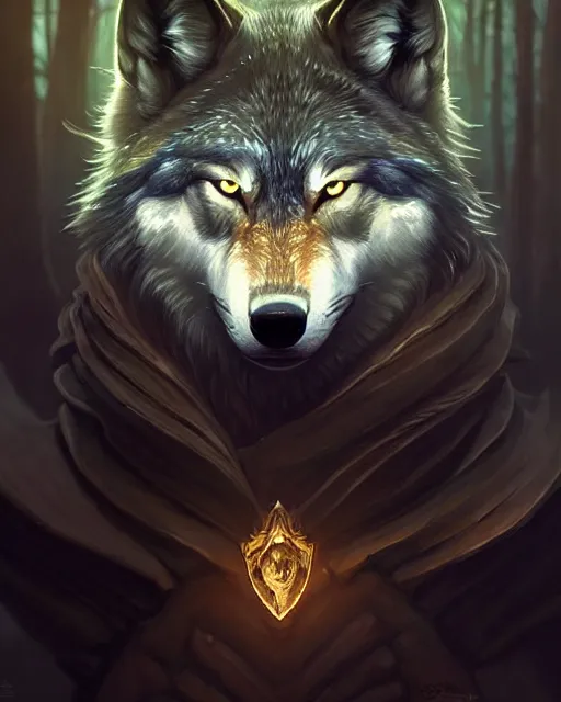 Image similar to wolf portrait, backlight, rim lighting, deep focus, d & d, fantasy, intricate, elegant, highly detailed, digital painting, artstation, concept art, matte, sharp focus, illustration, hearthstone, art by artgerm and greg rutkowski and alphonse mucha