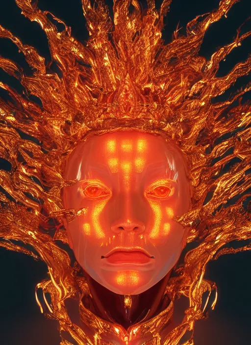 Image similar to hyper detailed ultra sharp portrait of baroque and bladerunner delicate neon ruby sculpture of seductive albino primce royce tigers orange iridescent humanoid deity wearing metallic hoody made out of leaves holding the sun prismatic dungeon, glowing rainbow face, crown of white diamonds, cinematic lighting, photorealistic, octane render 8 k depth of field 3 d