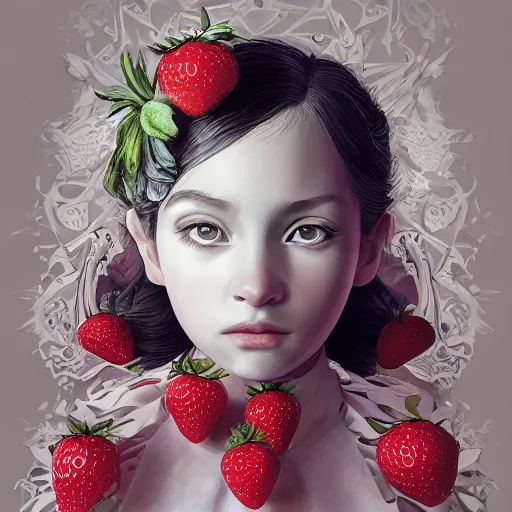 Image similar to the portrait of an absurdly beautiful, graceful, elegant, sophisticated, fashionable little girl made of strawberries and white petals looking down, an ultrafine hyperdetailed illustration by kim jung gi, irakli nadar, intricate linework, bright colors, octopath traveler, final fantasy, unreal engine 5 highly rendered, global illumination, radiant light, detailed and intricate environment