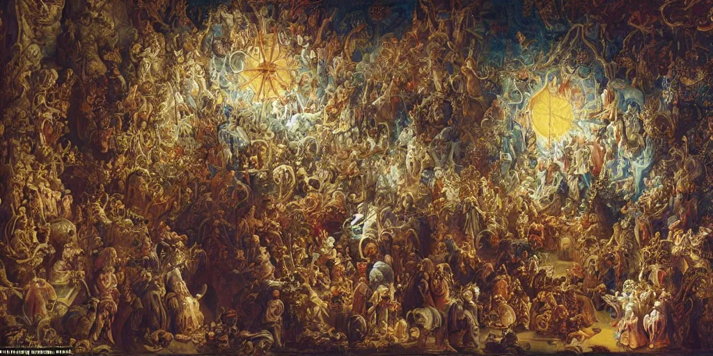 Prompt: the cat god reborn under the holy light high up in a Gaudí style church surrounded by his subjects and armies, in style of Jean-Honore Fragonard, surrealist