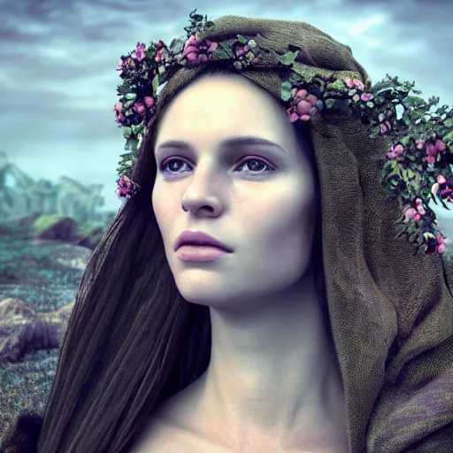 Image similar to portrait of a beautiful enchanted pagan female, depth of field, zeiss lens, detailed, symmetrical, centered, by annie leibovitz and steve mccurry, david lazar, jimmy nelsson, breathtaking, 8 k resolution, extremely detailed, beautiful, establishing shot, artistic, hyperrealistic, beautiful face, octane render