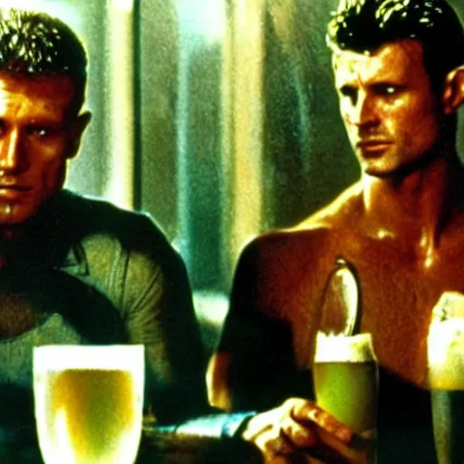 Prompt: Roy batty drinking a beer with rick deckard, blade runner photo