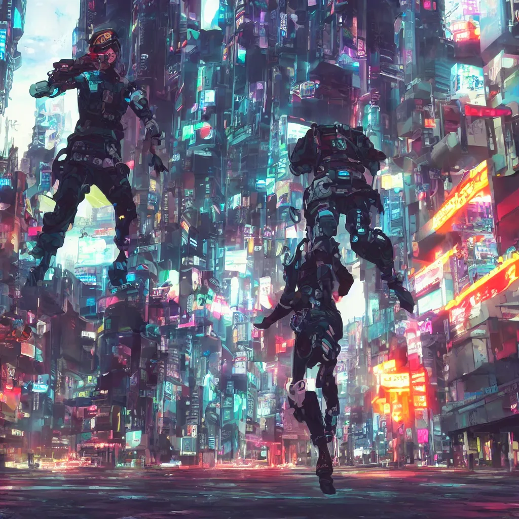 Prompt: a cyberpunk soldier running in full speed in a cyberpunk city, anime