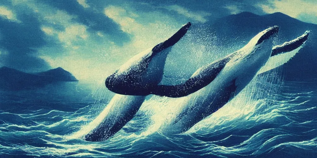 Prompt: An aesthetically pleasing, dynamic, energetic, lively, well-designed digital art of a whale, ripples, waves, sea foam, light and shadow, ocean caustics, overlaid with aizome patterns, by Ohara Koson and Thomas Kinkade, traditional Japanese colors, superior quality, masterpiece