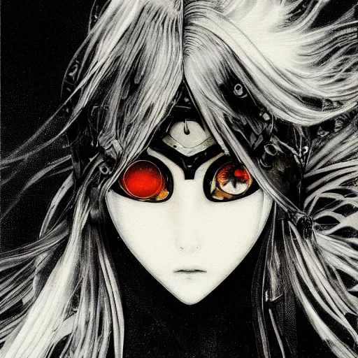 Image similar to Yoshitaka Amano blurred and dreamy illustration of an anime girl with a pirate eye patch, wavy white hair and cracks on her face wearing elden ring armour with the cape fluttering in the wind, abstract black and white patterns on the background, noisy film grain effect, highly detailed, Renaissance oil painting, weird portrait angle