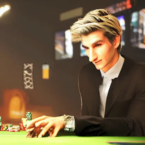 Image similar to a high quality photo of handsome gigachad XQC gambling, photorealism, 8k, artstation