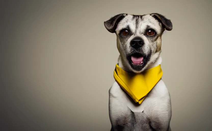 Image similar to studio photography of a dog, yellow background, detailed face, cinematic lighting, 8 k