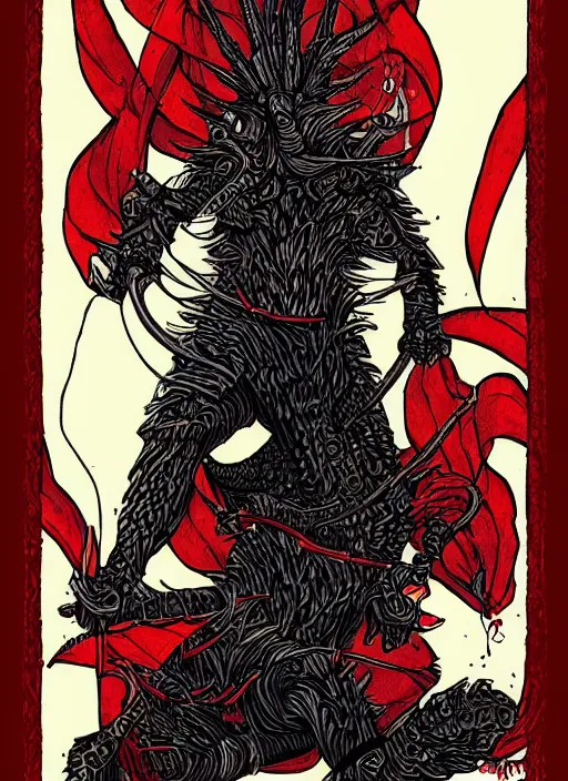 Prompt: tarot card illustration for the tarrasque, modern reimagining, digital art, stylish, black and red, sharp inks, trending on artstation