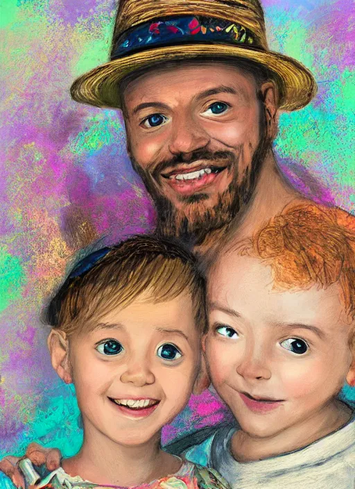 Prompt: half-lenght portrait of a father with a beautiful child, smiling at each other, wearing a hat overgrown by maximalist baroque rococo mixed media. vibrant textures. matte matte background in vibrant pastel tones. highly detailed. sharp focus. HD 8x