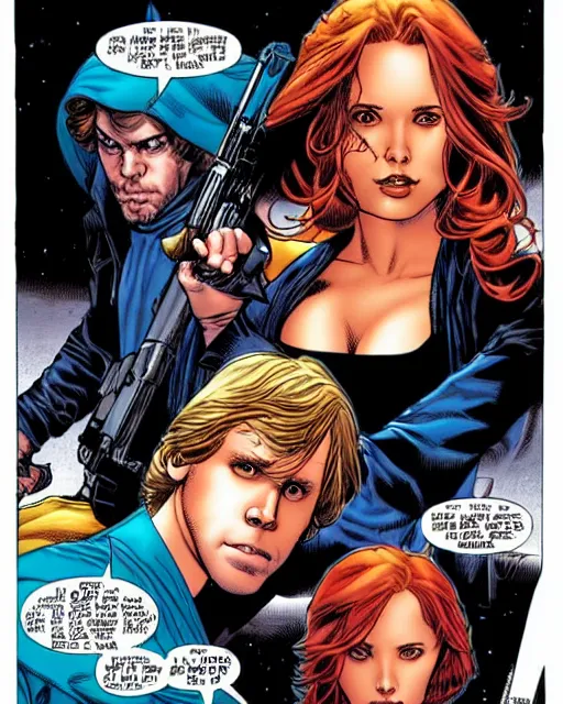 Image similar to mara jade and luke skywalker, cover art by jim lee