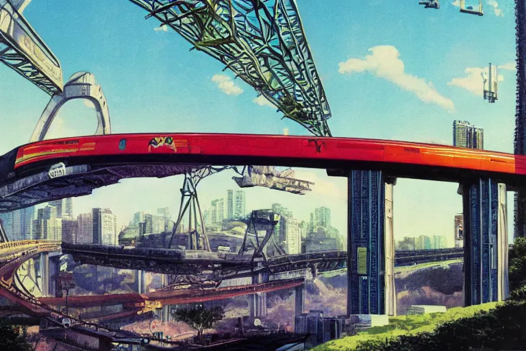 Prompt: 1 9 7 9 omni magazine cover of train bridge going above a park in osaka. cyberpunk style by vincent di fate