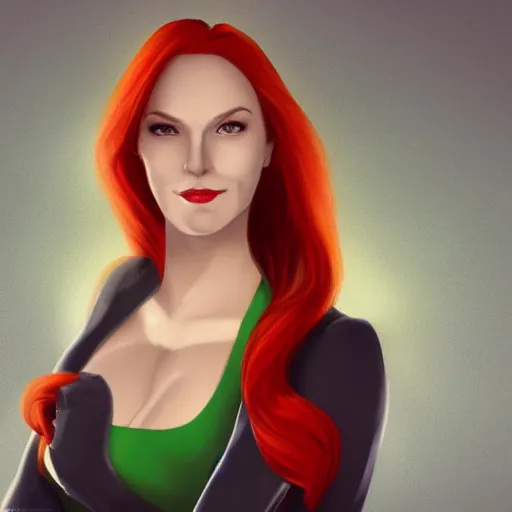 Prompt: Portrait of Jean Grey, a beautiful woman in her 30s, with red hair and green eyes, dressed casually, in the background is an elegant office, background depth, superhero, heroic, realistic, hyper realism, concept art, fine details, dramatic lighting, cinematic,