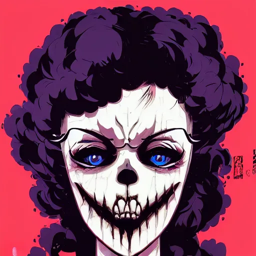 Prompt: delirium anime skull face girl portrait by petros afshar, tom whalen, laurie greasley, by greg rutkowski