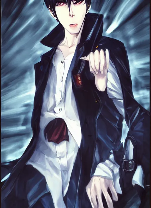 Prompt: portrait illustration by shigenori soejima, handsome male vampire, focus on face, pretty, cinematic lighting, painterly, long black hair, dark blue shirt and light brown trenchcoat