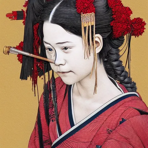 Image similar to detailed portrait of greta thunberg as a geisha, trending on artstation elite, elegant, luxury, by krenz cushart, junji ito, takato yamamoto, perfect face, fine details, realistic shaded, fine - face, pretty face