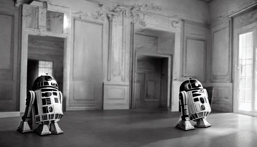 Prompt: 1 9 6 0 s movie still by tarkovsky of scooby doo and r 2 d 2 drinking hemlock in a tiny neoclassical room, cinestill 8 0 0 t 3 5 mm b & w, high quality, heavy grain, high detail, panoramic, ultra wide lens, cinematic composition, dramatic light, anamorphic, raphael style, piranesi style