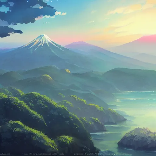 Image similar to A beautiful painting of japan coast with mountains ,Anime ,nature ,illustration, Nature wallpaper, Bright and airy, Aerial, Makoto shinkai ,Trending on artstation