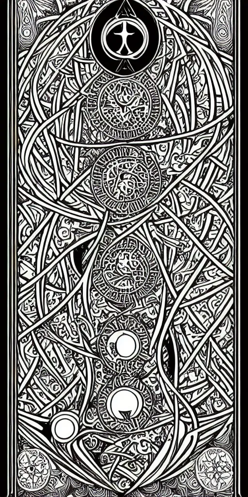 Image similar to a beautiful black and white fractal tarot card featuring bold occult imagery with clean lines. circuit board. detailed adult coloring book