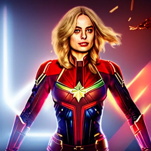 Prompt: Margot Robbie as real-life Captain Marvel, cinematic, Wide-shot, atmospheric lighting, directed by Quentin Tarantino, extreme detail, 8K, movie still