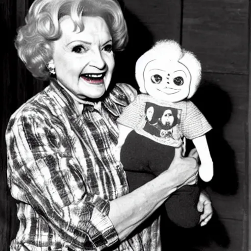 Prompt: betty white holding chucky the killer doll