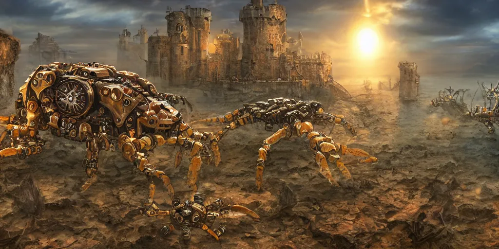 Image similar to steampunk mecha crabs invading a medieval brick castle at sunset, fantasy, coastal terrain, extremely detailed, 4 k, 8 k