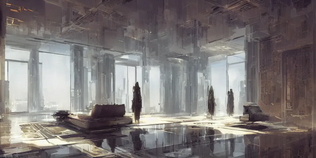 Image similar to futuristic luxury apartment interior, intricate, elegant, highly detailed, john park, craig mullins, sparth, ruan jia, jeffrey catherine jones