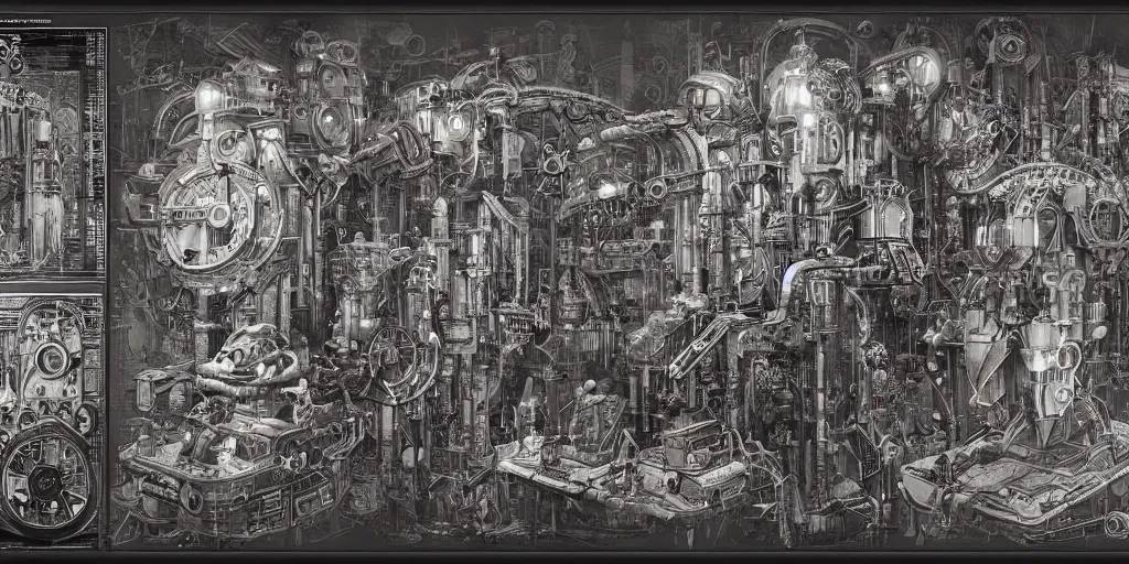 Prompt: a full page concept designs of a metropolis 1950s robotic device, steampunk blueprint, intricate details, ink on paper, scientific, Highly detailed labeled, poster, peter mohrbacher 8k