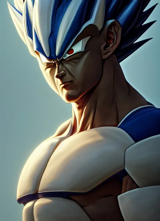 Image similar to by greg rutkowski, symmetry, concept art by artgerm, distance render portrait of a hyper realistic prince vegeta, intense, epic, ssj, alphonse mucha, octane render, highly detailed, high quality, 8 k, soft lighting, path traced, and uang guangjian and gil elvgren, symmetry!!