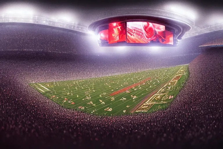 Image similar to detailed intricate digital illustration by greg rutkowski and artgerm and wlop and sanford robinson gifford ; on the field of a modern stadium full of 3 0 0 thousand people, bright stadium lights, night, open roof ; 1 3 mm film, arri alfa anamorphic lens, fisheye wide angle ; sharp focus ; trending on artstation 8 k