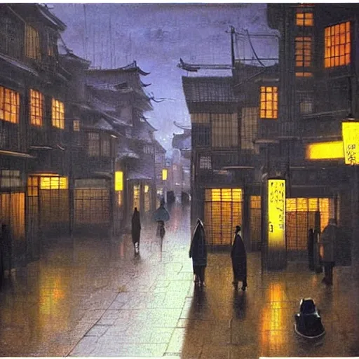 Image similar to a typical japanese city street in the rain, vermeer painting, dark academia aesthetic, matte painting