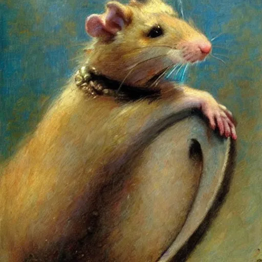 Image similar to Majestic Pet Rat sitting on the shoulder of its owner painting by Gaston Bussiere