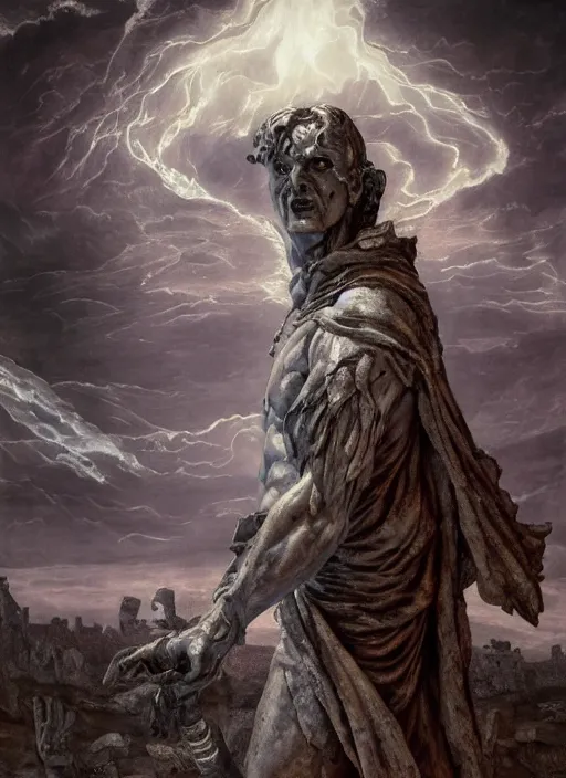 Image similar to ancient statue of a diabolical marble stone cyborg, wearing torn white cape, dynamic pose, thunder, glowing eyes, post apocalyptic ancient ruins, glowing veins subsurface scattering, in clouds, sunset, portrait, by gerald brom, by mikhail vrubel, by peter elson, muted colors, extreme detail, trending on artstation, 8 k