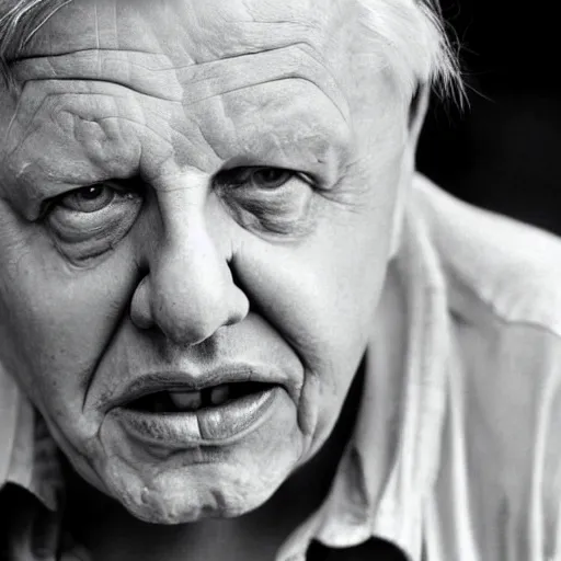 Prompt: David Attenborough looking at a piece of lettuce in the jungle, still, photograph, sharp focus