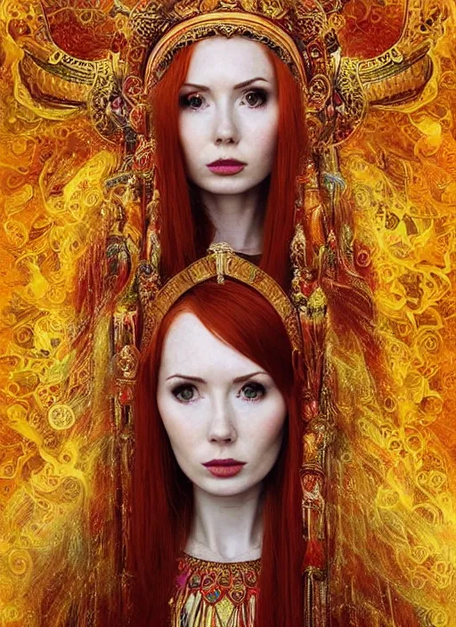 Prompt: beautiful 20 year old Karen Gillan as the goddess priestess of joy. ultra detailed painting at 16K resolution and amazingly epic visuals. epically beautiful image. amazing effect, image looks gorgeously crisp as far as it's visual fidelity goes, absolutely outstanding. vivid clarity. ultra. iridescent. mind-breaking. mega-beautiful pencil shadowing. beautiful face. Ultra High Definition. godly shading. amazingly crisp sharpness. photorealistic film cel processed twice..