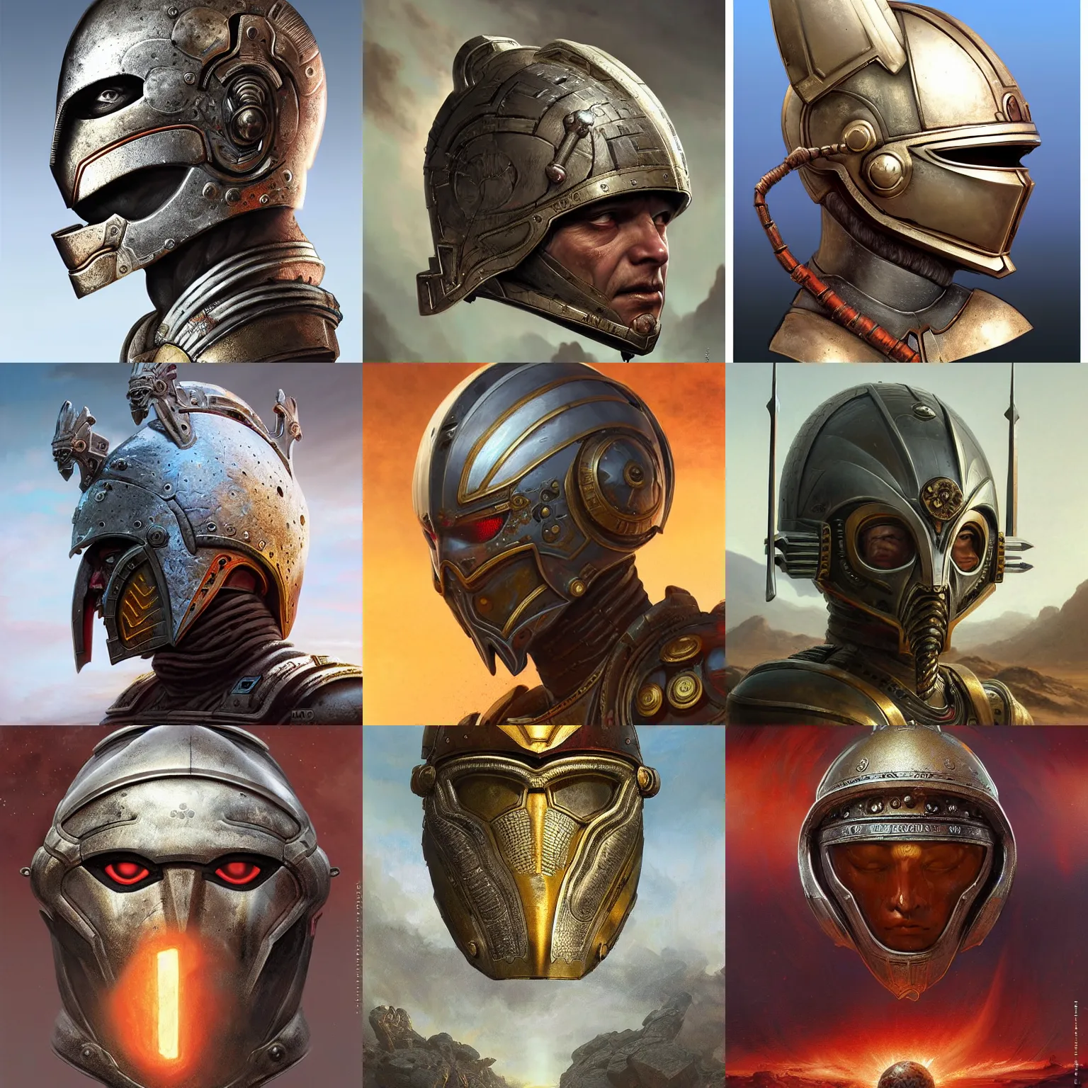 Prompt: mars war god ancient sci-fi roman empire helmet with metal face, highly detailed, digital painting, artstation, concept art, smooth, sharp focus, illustration, ArtStation, art by giger and greg rutkowski and Hikari Shimoda and Edmund Blair Leighton and Charlie Bowater, painted warhammer miniature