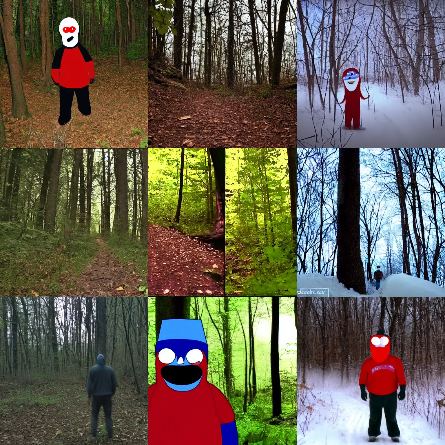 Prompt: creepy trail cam footage of Homestar Runner standing in the woods at midnight