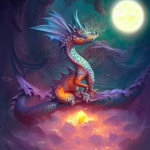 Image similar to a hyperrealistic illustration of a cute and tiny dragon that glows in the dark, dragon baby, glow in the dark, fractal moonlight, little dragon with glowing scales, award - winning, masterpiece, in the style of tom bagshaw, cedric peyravernay, peter mohrbacher