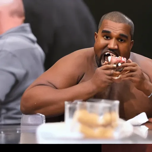 Image similar to extremely fat Kanye west eating Nutella from the bottle