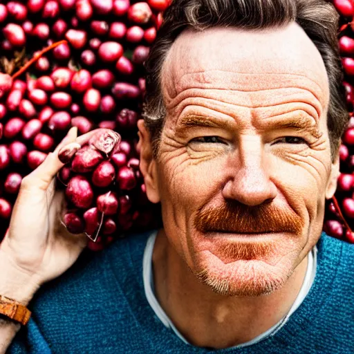 Image similar to closeup portrait of bryan cranston happy face surrounded by cranberries, food photography, natural light, sharp, detailed face, magazine, press, photo, steve mccurry, david lazar, canon, nikon, focus