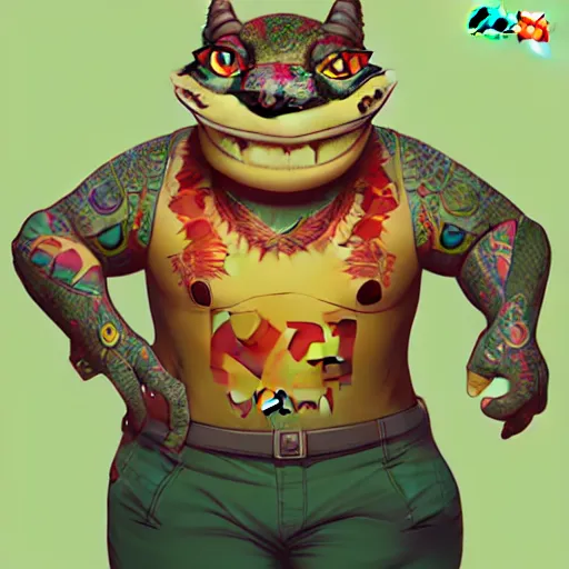 Image similar to in the style of artgerm, loish and ross tran, anthropomorphic alligator, symmetrical face, symmetrical eyes, red scales on his back, yellow scale on his belly and chest, male, waring a hawaiian shirt, in the style of zootopia