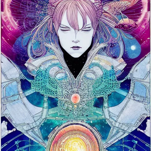 Prompt: the empress by travis charest and laurie greasley, yoshitaka amano, hiroshi yoshida, cosmic energy by Kelly McKernan, detailed, kaleidoscope, psychedelic, cosmic energy by Kelly McKernan, yoshitaka amano, hiroshi yoshida, moebius, artgerm, cool tone pastel rainbow colors, inspired by dnd, iridescent aesthetic, centered symmetrical and detailed