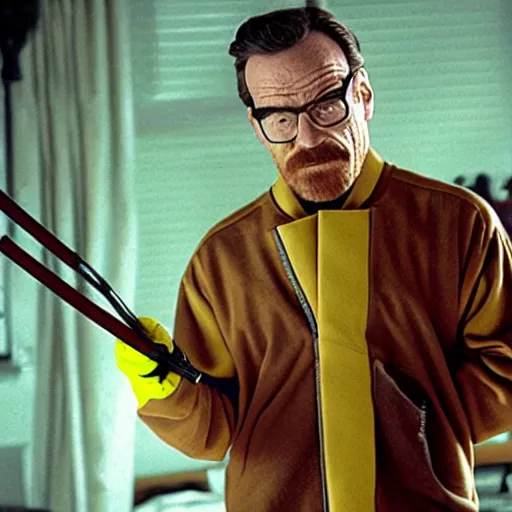 Prompt: Bryan Cranston as Gordon Freeman, holding a crowbar, in Freeman's suit, still from a movie