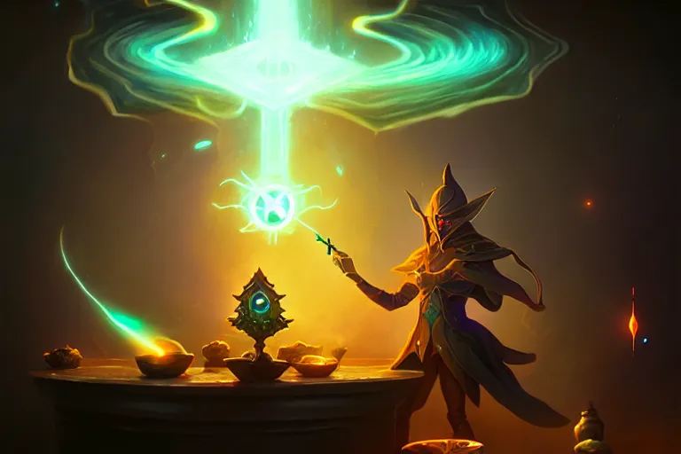 Prompt: dark magician conjures a san with a potion, dark old house location, glowing light, magic particles, peter mohrbacher style, ray tracing, cinematic, digital art, realistic,