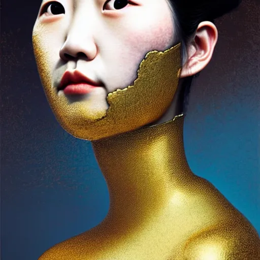 Prompt: portrait of a chinese woman :: side profile :: blood :: background sea :: intricate details in gold :: clockwork oxygen implant :: 8k :: simon stalenhag and Sandra Chevrier