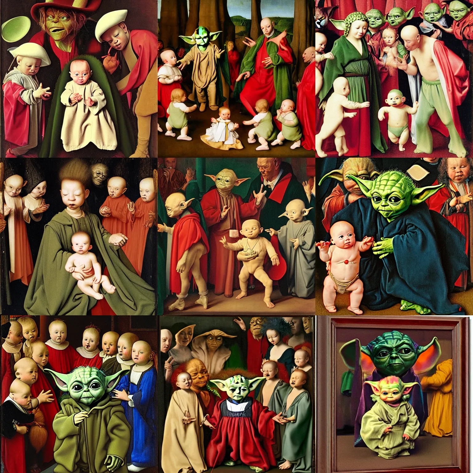 Prompt: confused baby yoda surrounded by dancers, by Jan van Eyck