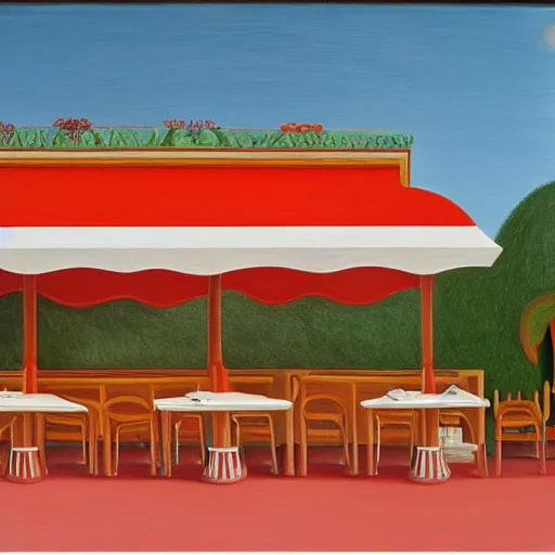 Prompt: restaurant on the sun with white bench and white tables few people fernando botero oil