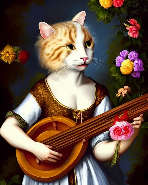 Prompt: baroque portrait of a anthropomorphic cat playing a lute, garden with flowers, digital art, dnd character, award winning