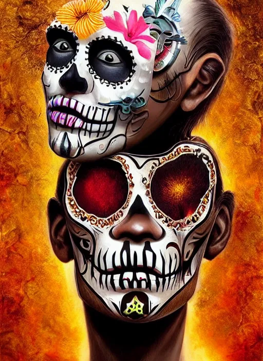 Prompt: dia de los muertos theme surrealist art in the styles of igor morski, jim warren, and giuseppe mastromatteo, winking, intricate, hyperrealistic, accurate facial details, profile picture with chromakey!!!!! background, volumetric lighting