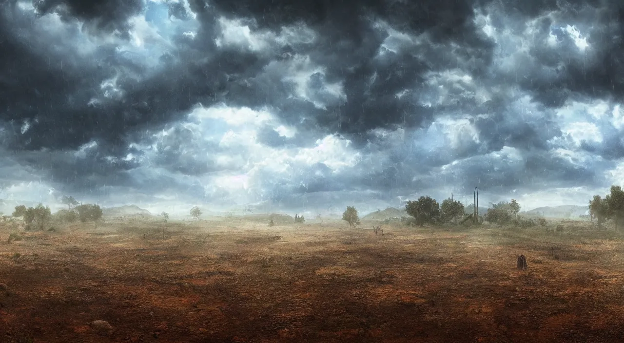 Image similar to The last rain on earth, hyper detailed photorealistic, dramatic lighting, global warming, blue sky